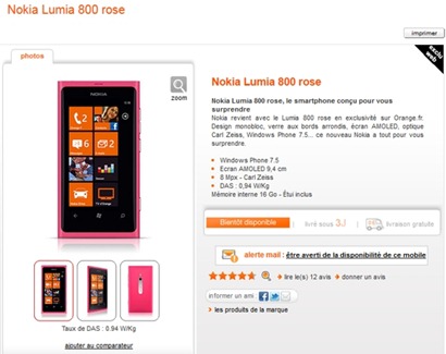 Nokia Lumia 800 en rosa en el catálogo de Orange 5