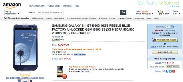 Samsung Galaxy SIII se lanza en Amazon en su versión desbloqueada internacional 3