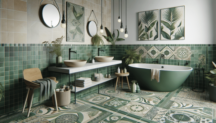 Azulejos verdes de tendencia en el baño