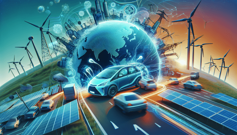 a car driving along a road with wind turbines nearby