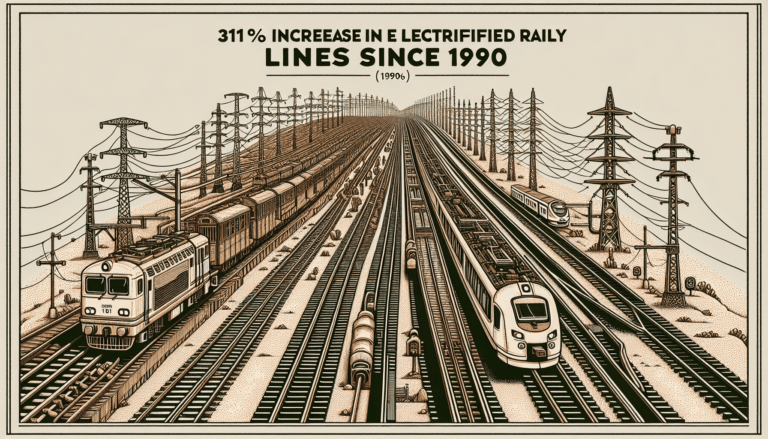 A railway track with fields around and a sunset in the background