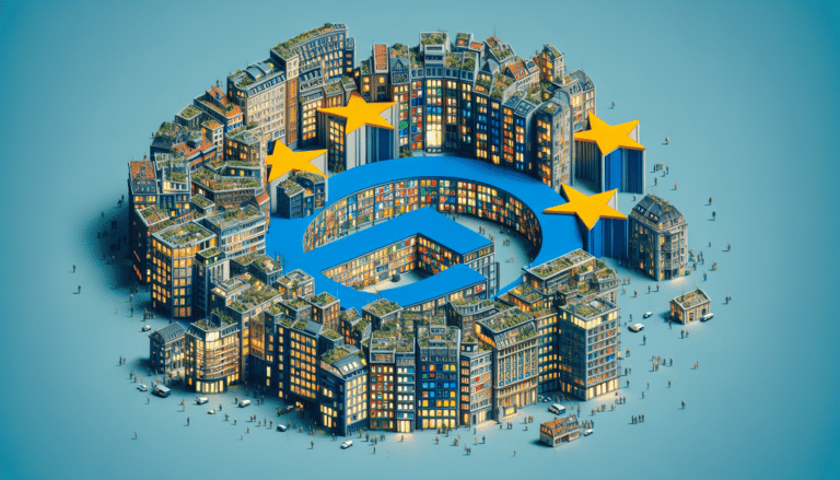 Two persons are sitting at a table with a laptop, some miniature buildings and some papers