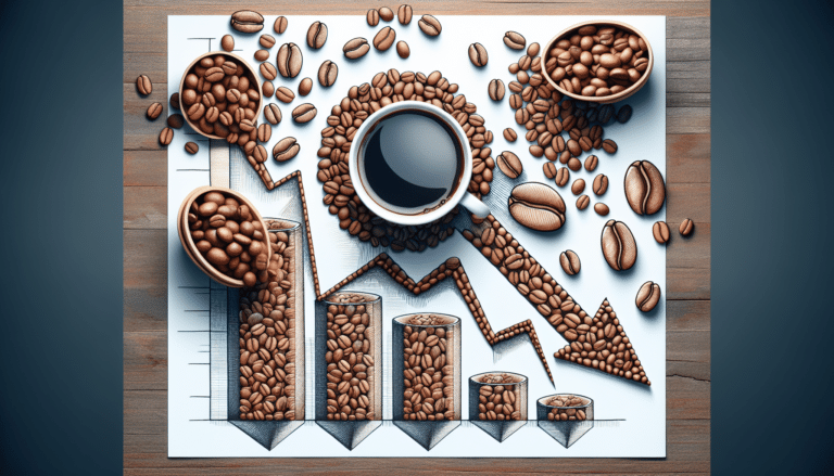 Cappuccino cup on top of table next to coffee beans.