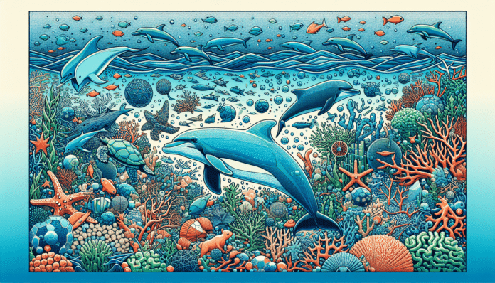 Water and a steam of fish below water surface and the sun shinning into the water