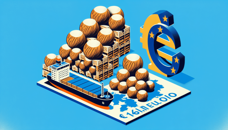 Five coconuts on a wooden table, one is split open.