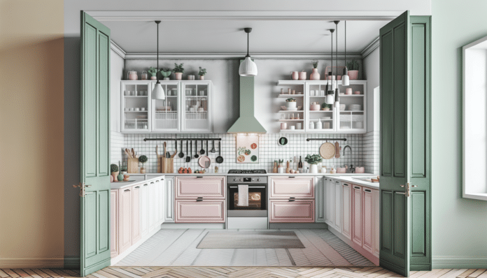 de cocina blanca y sosa, a cocina sofisticada con el verde y el rosa como protagonistas