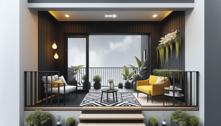 Espectacular cambio de este pequeño balcón que se renueva con alfombra exterior en blanco y negro y muebles en amarillo