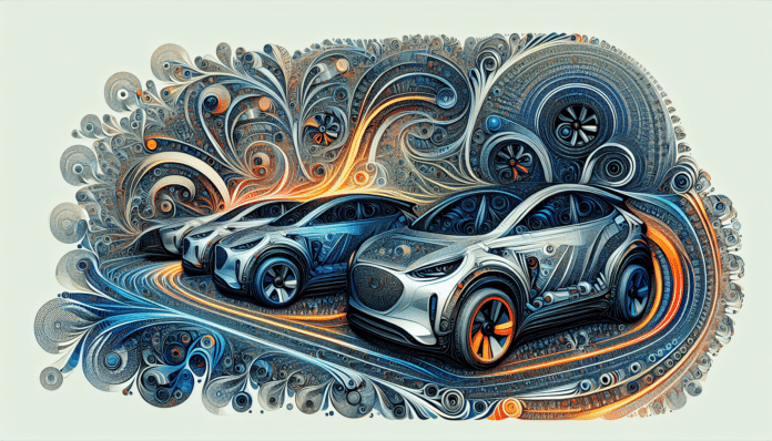 A close-up of an electric car plugged into a charging station.
