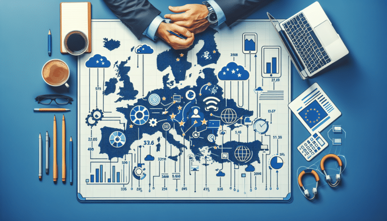 Four people are sitting or standing around 2 desks with computers on them