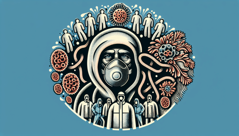 A construction person is standing in front of parts of a building, which has been torn down