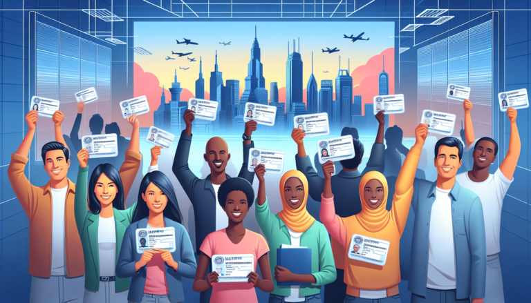 A person handing a passport over a table that holds an approved application.