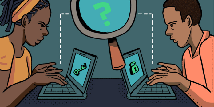 two people using computers to communicate with a key on one screen and a lock on the other