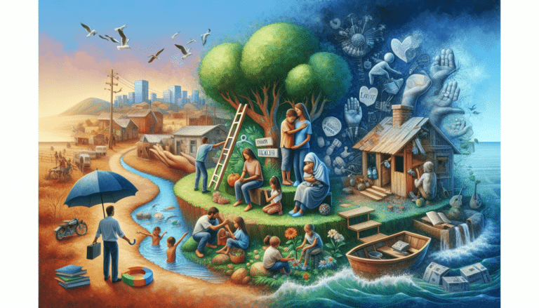 A woman in worn-out clothes hugging a small child.