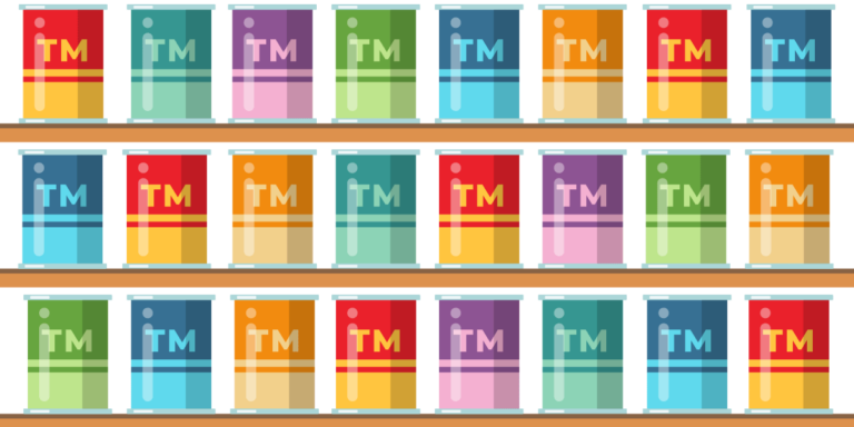 Graphic of three shelves of colorful soup cans labeled with TM