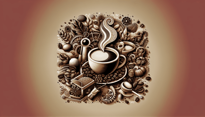 Some coffee beans in a bag and a cup of coffee are on a table
