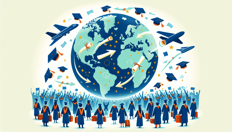 7 students are standing in a line with a flag from their country in their hands