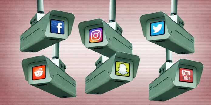 Security camera screens display logos for Facebook, YouTube, SnapChat, Twitter, and Reddit