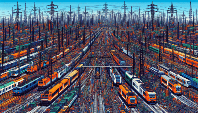 Electrified railway lines at sunset.