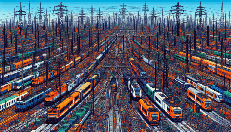 Electrified railway lines at sunset.