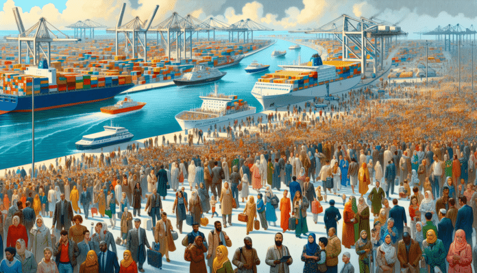 People getting on two cruise ships docked at the port.