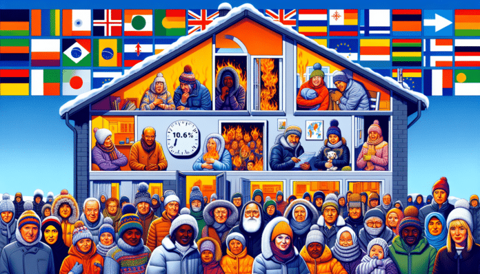 A mother with a child in her arms is sitting in front of a heating dressed in coats and hats