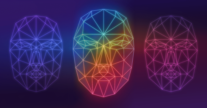 The angular outline of three faces as a computer might see them, colored like a rainbow