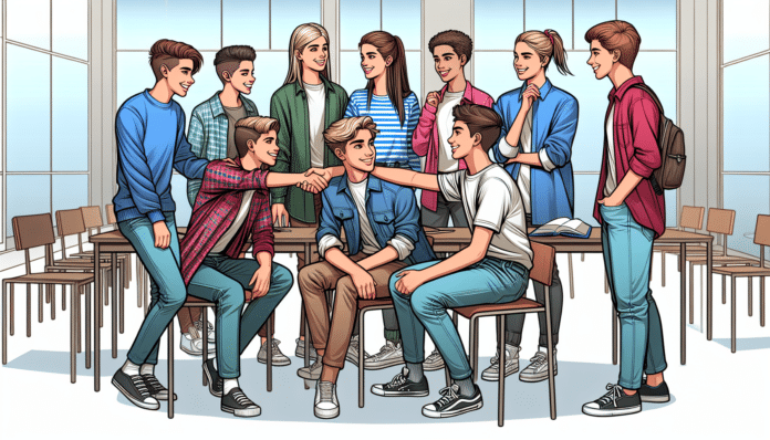 A group of diverse young people hugging and laughing.