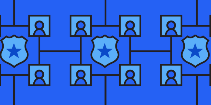 A blue illustration that gives the impression of a police database connecting people