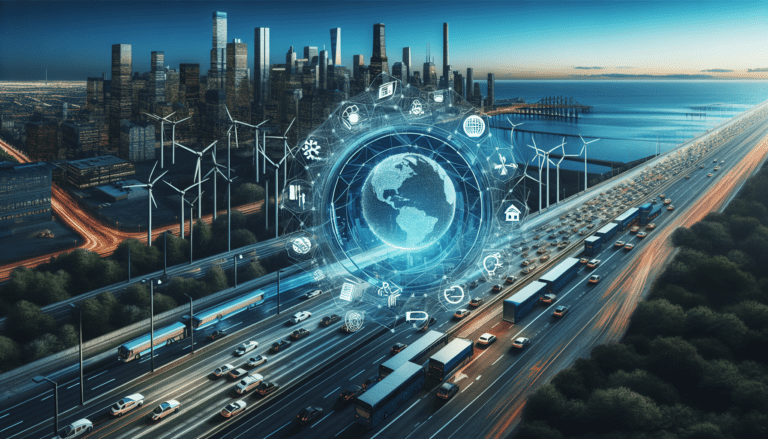 A car driving on the highway with wind turbines in the horizon.