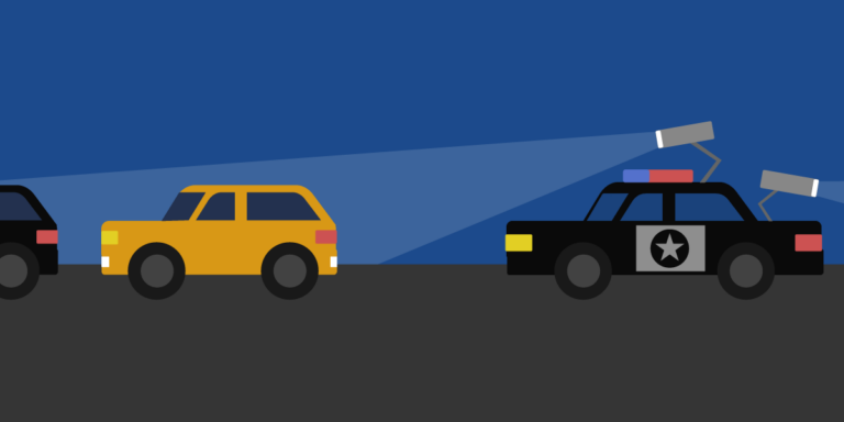 An illustration of a police car mounted with cameras scanning an SUV.