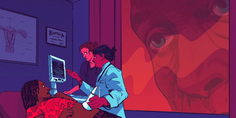 Giant face watching a concerned patient and doctors through a window 