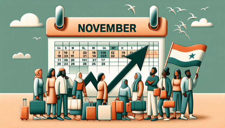 Group of people including small children walking with bags and suitcases.