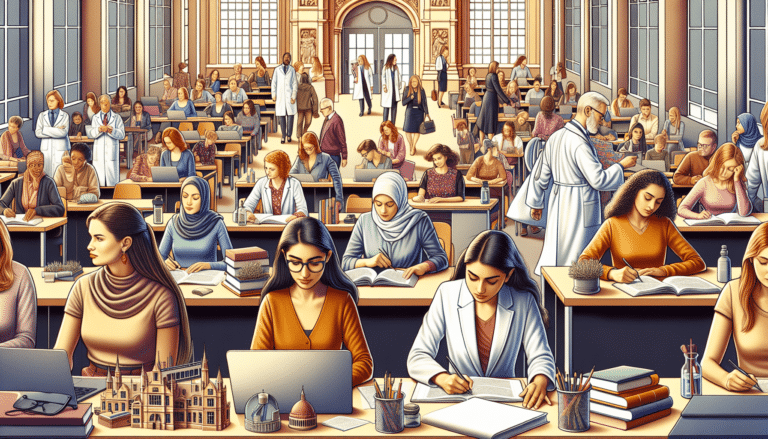 woman studying in a library with computer open and holding a book.