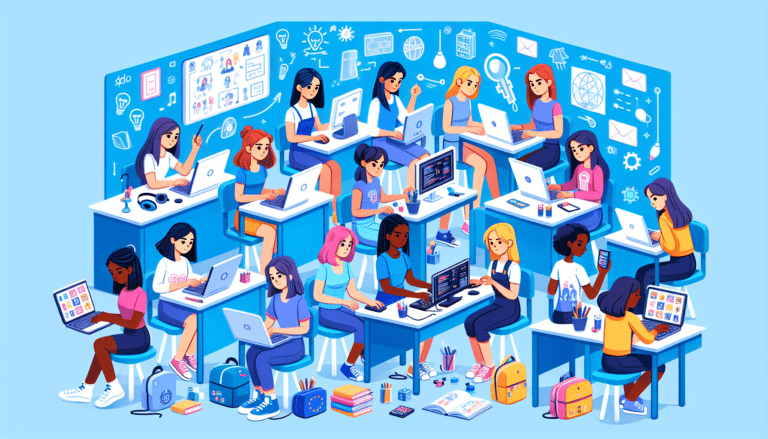 A young girl smiling while working on her laptop.