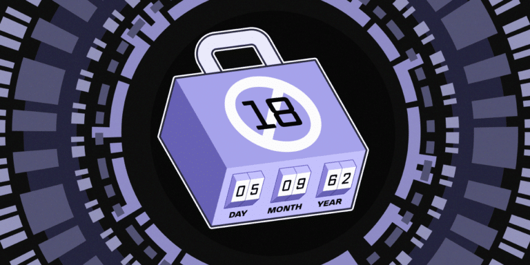 Purple padlock with an 18+ only symbol and a combination lock requiring Day, Month, and Year. 