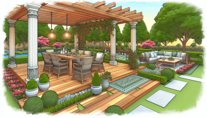 ahora es un jardín de diseño con porche y zona de comedor