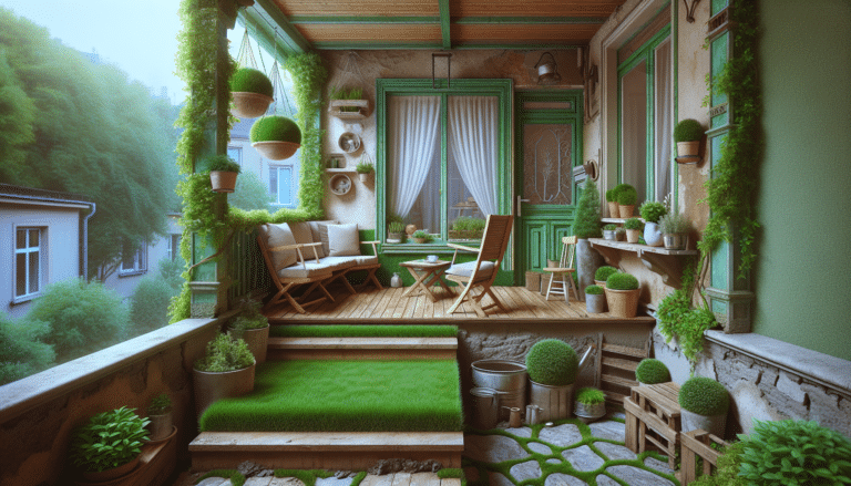Un balcón pequeño y viejo que se transforma con césped artificial y mobiliario de exterior sencillo