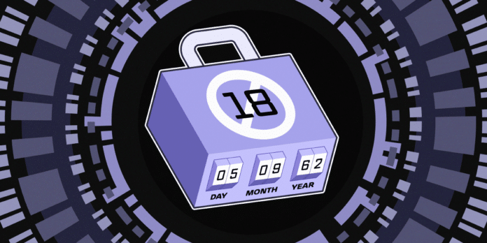Purple padlock with an 18+ only symbol