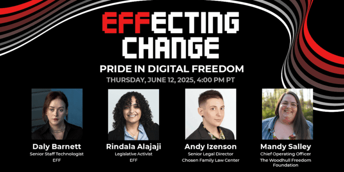 Words "EFFecting Change" on a black with red, white, and grey ribbons with photos of the panelists