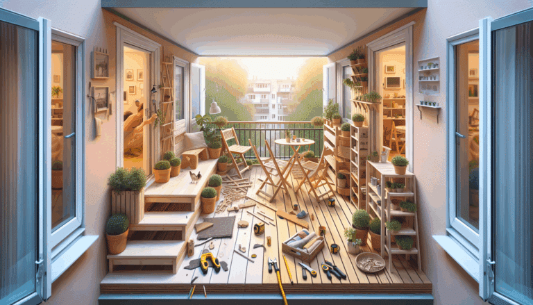 un pequeño balcón que se transforma con suelo autoinstalable de Ikea y muebles DIY