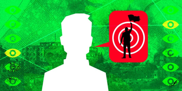 social media icon speaking about refugees, with war image background