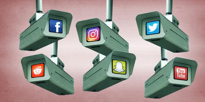 Security camera screens display logos for Facebook, YouTube, SnapChat, Twitter, and Reddit