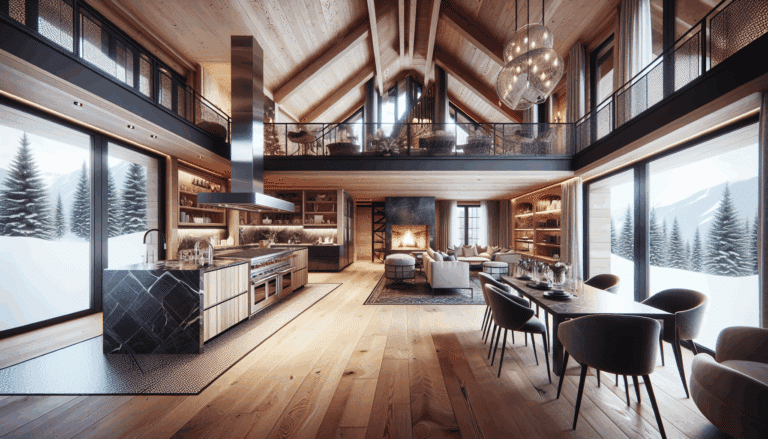 un elegante chalet en tonos blancos, marrones oscuros y dos cocinas