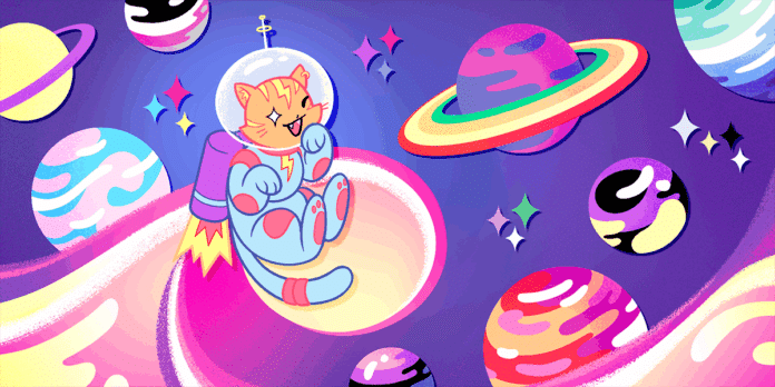 Cat in blue spacesuit, jetpack, flying through pink and purple space.