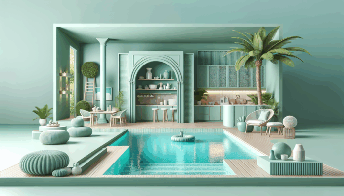 con piscina y una elegante cocina en verde menta