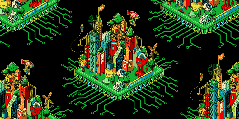 Green EFF 35th Anniversary digital cityscape on a black background.
