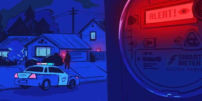 A smart meter alert glows red while cops approach a suburban home