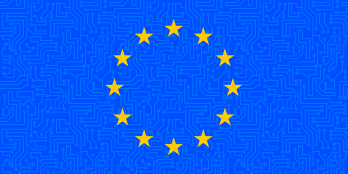 European Union flag on tech background