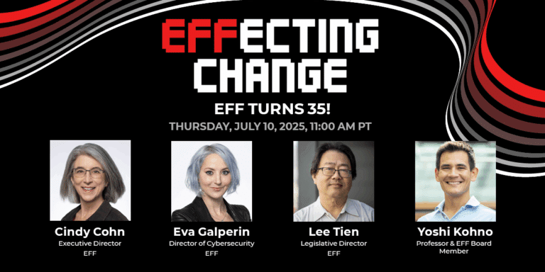 Words "EFFecting Change" on a black with red, white, and grey ribbons with photos of the panelists