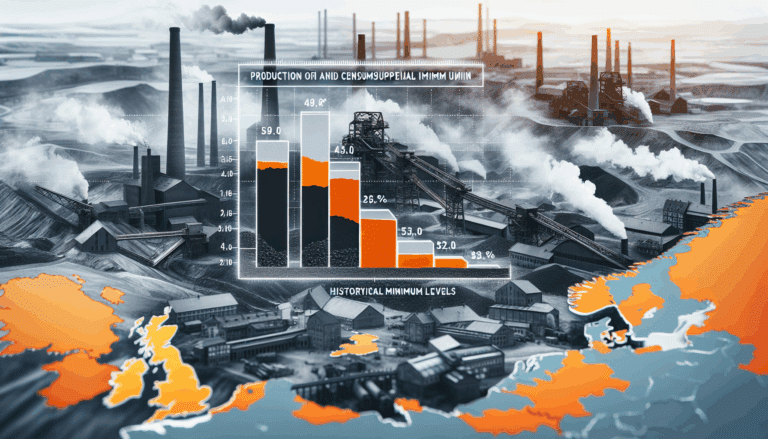 Two people in safety clothes with heavy machinery and coal in the background.